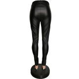 Sexy Black High Waist Slit Bottom Leather Pants