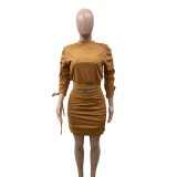 Autumn Solid Plain Ruched Crop Top and Mini Skirt Set