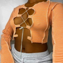 Autumn Party Sexy Long Sleeve Lace Up Stripes Crop Top