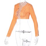 Autumn Party Sexy Long Sleeve Lace Up Stripes Crop Top