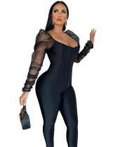 Autumn Party Sexy Black Bodycon Jumpsuit with Bubble Mesh Sleeves