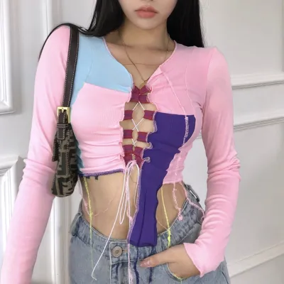 Autumn Long Sleeve Contrast Lace Up Crop Top