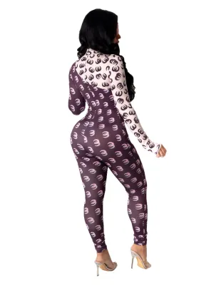 Autumn Party Contrast Print Long Sleeve Bodycon Jumpsuit