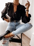 Autumn Black Ruffles Long Sleeve Blouse