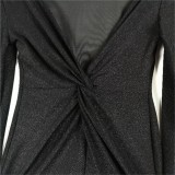 Autumn Sexy Metallic V-Black Mini Club Dress with Full Sleeves