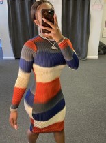 Autumn Colorful Contrast Bodycon Dress with Full Sleeves