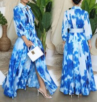 Autumn Tie Dye Blue Slit Long Dress with Belt