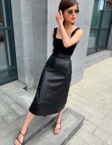 Stylish A-Line High Waist Elegant Leather Long Skirt with Belt