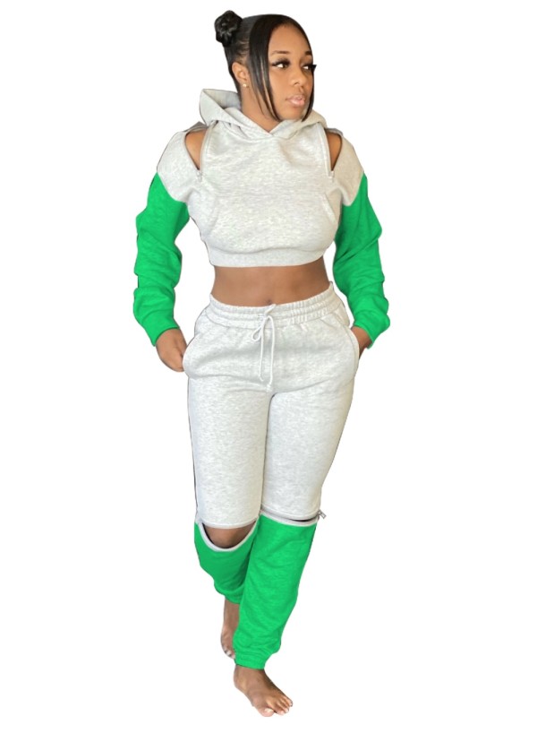 Contrast Color Long Sleeve Zipped Hoodie Tracksuit