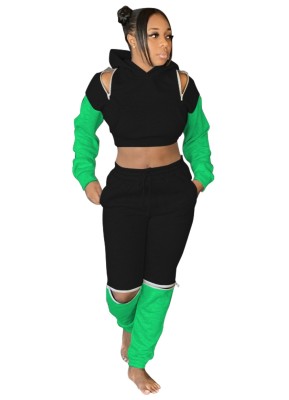 Contrast Color Long Sleeve Zipped Hoodie Tracksuit