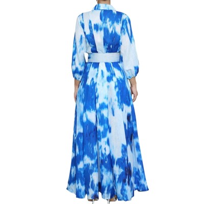 Autumn Tie Dye Blue Slit Long Dress with Belt