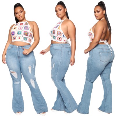 Plus Size High Waist Light Blue Ripped Flare Jeans