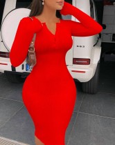 Autumn Solid Color Long Sleeve Ribbed Midi Dress