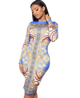 Africa Print Autumn Long Sleeve Midi Dress