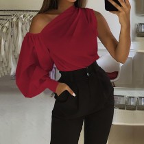 Autumn Solid Color One Shoulder Party Top with Single Sleeve