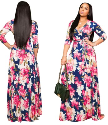 Autumn Floral Print Wrapped Long Maxi Dress