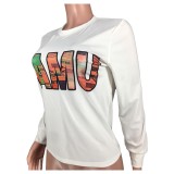 Autumn Print White Round Neck Sweat Shirt