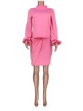 Autumn Pink Bubble Sleeve Top and Mini Skirt Set