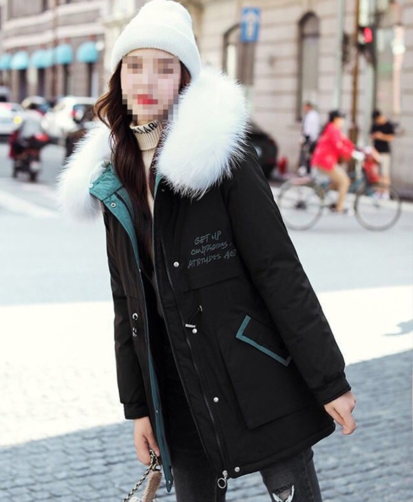 Winter Print Drawstrings Fur Hoodie Long Coat