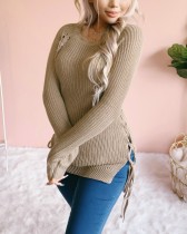 Autumn Solid Plain Lace Up Round Neck Knitting Top