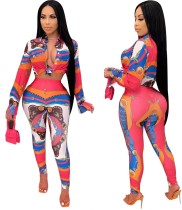 Autumn African Colorful Print Bodycon Crop Top and Pants Set