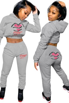 Autumn Print Grey Crop Top and Pants Hoodie Sweatsuit