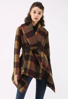 Winter Turndown Collar Wrapped Irregular Plaid Coat with Belt