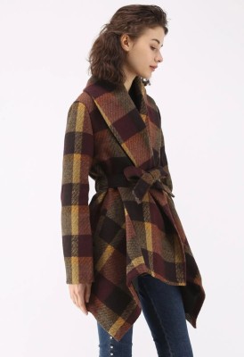 Winter Turndown Collar Wrapped Irregular Plaid Coat with Belt