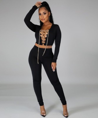 Autumn Party Sexy Matching Plain Lace Up Crop Top and Pants Set