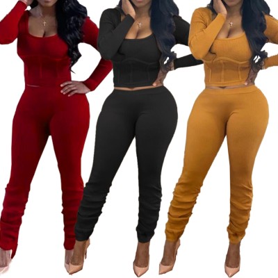 Autumn Sexy Plain Tight Crop Top and Stack Pants Set