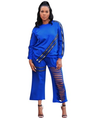 Autumn Africa Casual Two Piece Zippers Ripped Pants Set