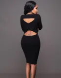 Autumn Solid Plain Cut Out Ribbed Midi Dress
