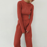 Winter Solid Plain Casual Ribbed Matching Top and Pants Set