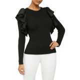 Autumn Solid Plain Knitted Ruffle Basic Top