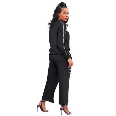 Autumn Africa Casual Two Piece Zippers Ripped Pants Set