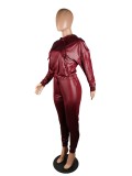 Autumn Party Sexy Leather Hoodie Shirt and Pants Set