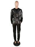 Autumn Party Sexy Leather Hoodie Shirt and Pants Set