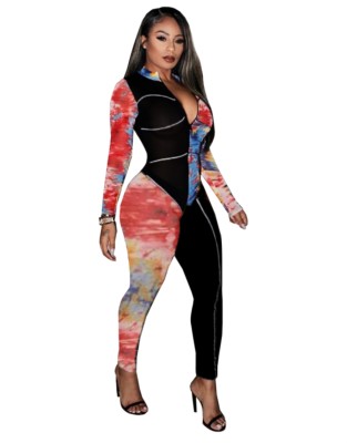 Autumn Party Sexy Tie Dye Bodycon Jumpsuit