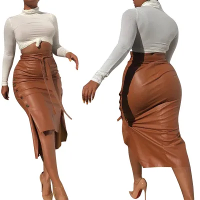 Autumn High Waist Slit High Low Leather Midi Skirt