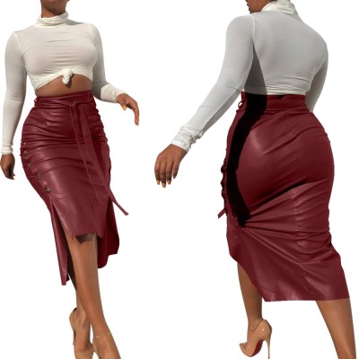 Autumn High Waist Slit High Low Leather Midi Skirt