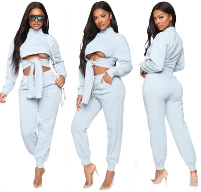 Autumn Solid Plain Knotted Crop Top and Track Pants Set