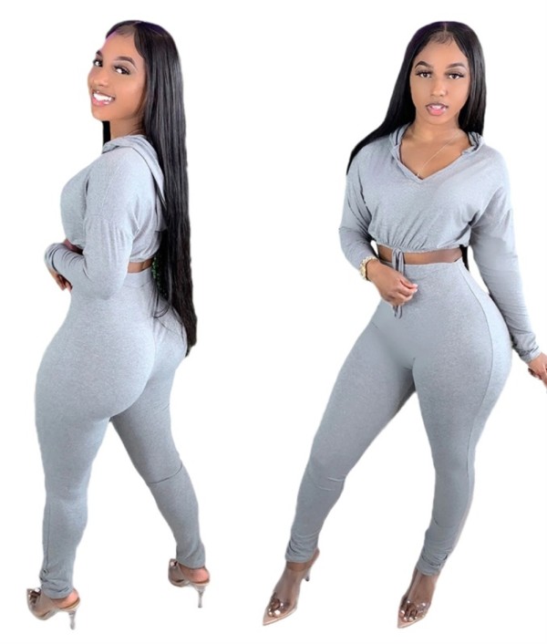 Autumn Solid Plain Tight Hoodie Crop Top and High Waist Pants Set