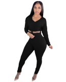 Autumn Solid Plain Tight Hoodie Crop Top and High Waist Pants Set