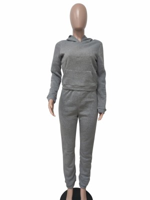 Autumn Solid Plain Crop Top and Pants Hoodie Sweatsuit