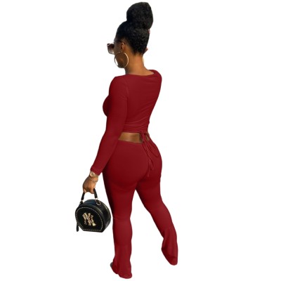 Autumn Matching Solid Plain Sexy Crop Top and Pants Set