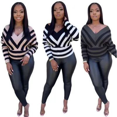 Autumn Bat Sleeves Stripes V-Neck Loose and Fit Shirt