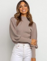 Winter Turtle Neck Ribbed Sweater with Bubble Sleeves