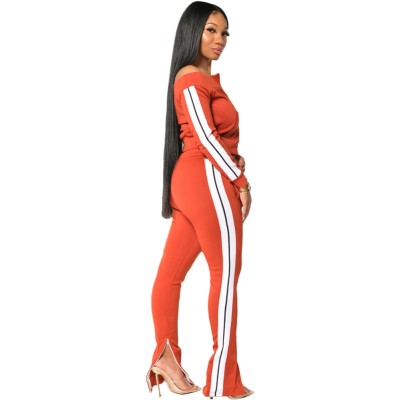 Autumn Off Shoulder Zip Up Stripes Tracksuit