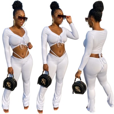 Autumn Matching Solid Plain Sexy Crop Top and Pants Set