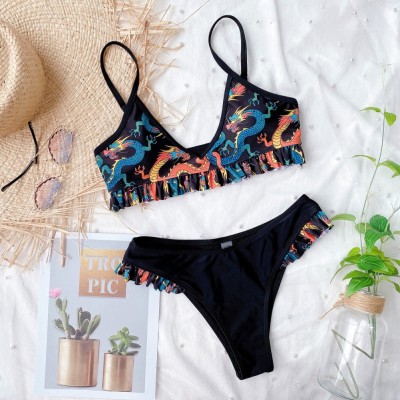 Two Piece Retro Print Ruffles Strap Swimwear